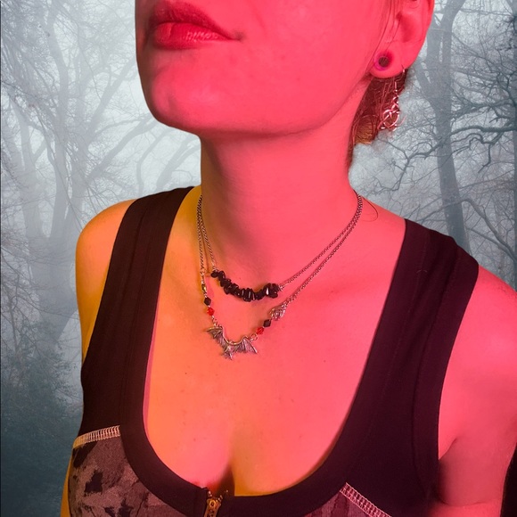 Silver Bat choker necklace . Double layer onyx chips & bats Handmade goth boho - Picture 9 of 16